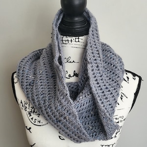 Hand Knit Grey-Blue Steel Blue Women&#39;s Lace Infinity Cowl Scarf Handmade Fashion Accessory