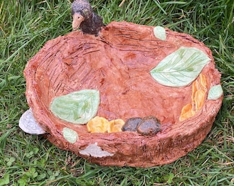 Tree Stump Ceramic Bird Bath | Rustic Pottery Bird Water Bowl | Handmade Garden Decor | Nature Lover Gift | Weatherproof Birdbath