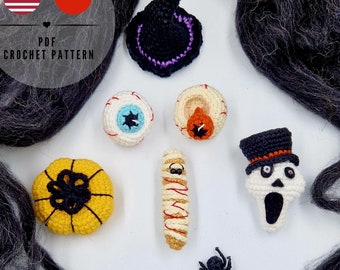 Halloween Mini Crochet Pattern Set, Amigurumi Pumpkin, Ghost, Spider, Mummy, Hat & Eyes