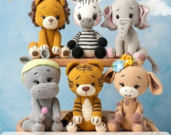 Safari Crochet Pattern BUNDLE - 6in1 Amigurumi Animals PDF Giraffe, Lion, Hippo, Tiger, Elephant, Zebra Crochet Patterns, Safari Friends Set