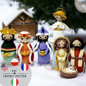 Wzór na szydełkowy pakiet na szopkę w formacie PDF, miniaturowe Amigurumi na Boże Narodzenie Maryja, Józef, Jezus, Trzej Królowie, Gasper, Melchior Balthasar, Anioł