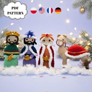 May include: A crochet PDF pattern featuring three figures in robes and crowns, and a camel. The figures wear green, purple, and red outfits with white trim, holding small gold items. The camel has a red saddle. Text reads PDF PATTERN.