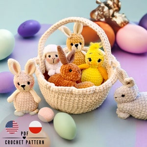 May include: A crocheted Easter basket filled with plush bunnies, a lamb, and a chick. The basket is surrounded by pastel-colored Easter eggs. The image also includes a crocheted bunny and two crocheted balls. The text "CROCHET PATTERN" is at the bottom.