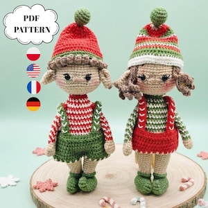 Virkade mönster för älvor i PDF-format, handledning för amigurumi till älvor för pojke och flicka, virkad docka för julpar, DIY-guide för julklappsidéer och hantverk
