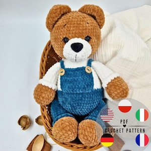 PDF Miś Leon wzór na szydełku, wzór na szydełku amigurumi, PDF w języku angielskim, francuskim, włoskim, niemieckim, polskim CraftlyPattern