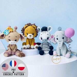 May include: Four crocheted animal figures: a giraffe, lion, zebra, and elephant. The giraffe has a floral headpiece, the lion has a brown mane, the zebra has black stripes, and the elephant holds a pink balloon. The text "PDF CROCHET PATTERN" is visible.