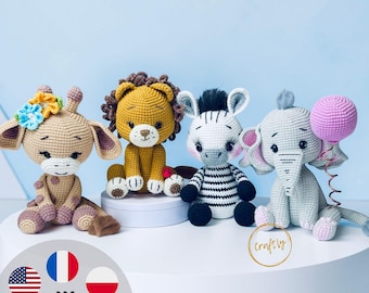 Crochet Zoo Safari, Amigurumi PACK 4 in 1 crochet PATTERNS: zebra, elephant, giraffe, lion. Safari animal easy pattern pdf