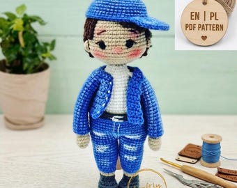 Crochet Doll Pattern PDF Amigurumi Boy in Jeans and Cap Detailed Tutorial English/Polish | Craftly Crochet Figure Pattern