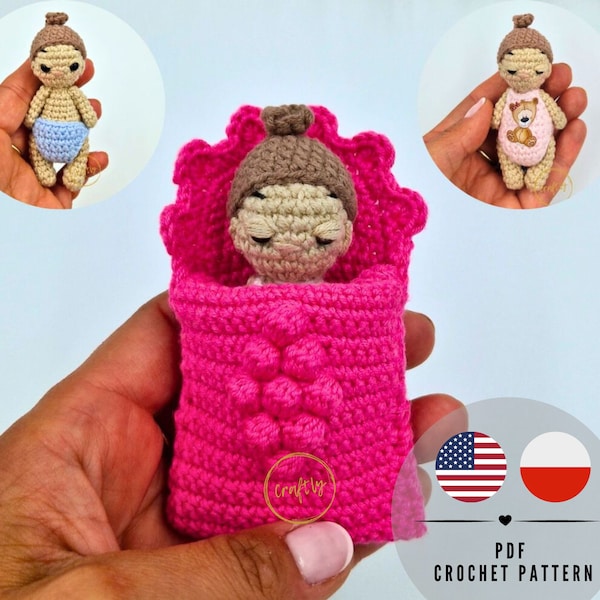 Mini poupée bébé poupée PDF - Patron au crochet pour poupée Amigurumi - Modèle au crochet pour poupée - PDF en anglais - CraftlyPattern