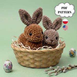 Puede incluir: Dos conejitos de ganchillo de felpa, uno marrón y otro color topo, se sientan dentro de una cesta de mimbre tejida. Un gráfico en forma de nube arriba dice PDF PATTERN, acompañado de iconos de banderas polaca y estadounidense. Dos huevos con motivos florales y ramas de sauce están cerca.
