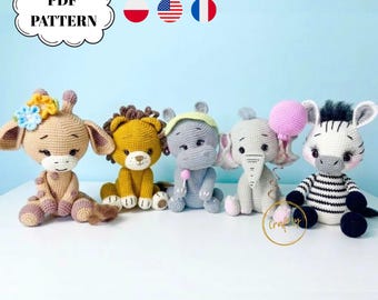 Safari Crochet Pattern BUNDLE - 5 Amigurumi Animals PDF Giraffe, Lion, Hippo, Elephant, Zebra Crochet Patterns, Safari Friends Set