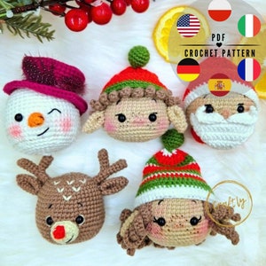 PDF Christmas decoration: Santa Claus, Elf, Reindeer, Snowman. Pattern in English, German, Italian, Spanish, French and Polish