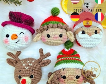 PDF Christmas decoration: Santa Claus, Elf, Reindeer, Snowman. Pattern in English, German, Italian, Spanish, French and Polish