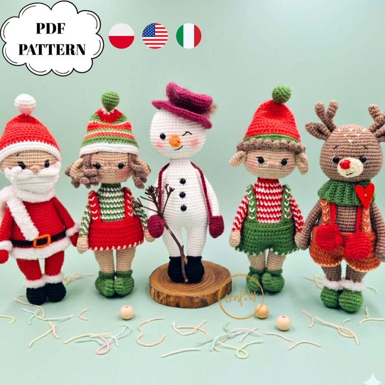 May include: Five handmade crochet Christmas figures: Santa Claus, a girl, a snowman, an elf, and a reindeer. Each figure is dressed in festive attire, with red, green, and white colours. The figures are displayed on a light green background.