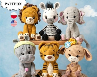Safari Crochet Pattern BUNDLE - 6in1 Amigurumi Animals PDF Giraffe, Lion, Hippo, Tiger, Elephant, Zebra Crochet Patterns, Safari Friends Set