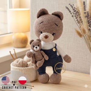 Virkat björnmönster PDF, Amigurumi-nallebjörn i overall, Virkmönster för nybörjare, Handledning för handgjord björn, Mönster för gosedjur