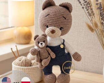 Crochet Bear Pattern PDF, Amigurumi Teddy Bear in Overalls, Crochet Pattern for Beginners, Handmade Bear Tutorial, Stuffed Animal Pattern