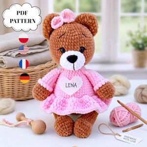 Crochet Plush Bear Pattern with Dress PDF, Amigurumi Teddy Bear Tutorial, Cute Crochet Toy Doll, Baby Shower DIY Gift Craft Guide