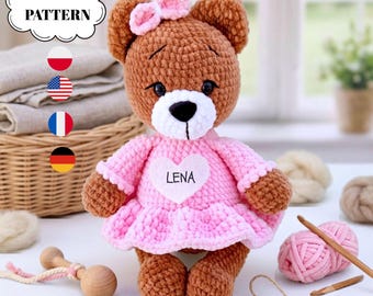 Crochet Plush Bear Pattern with Dress PDF, Amigurumi Teddy Bear Tutorial, Cute Crochet Toy Doll, Baby Shower DIY Gift Craft Guide