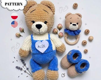 Zestaw szydełkowych wzorów na zestaw prezentowy dla dziecka, wzór na szydełkowego misia amigurumi, grzechotkę i buciki dla dziecka w formacie PDF, samouczek na zestaw prezentowy dla noworodka, zrób to sam