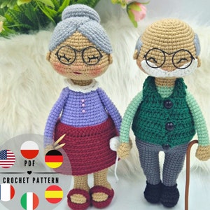 PDF Grandparents crochet pattern, grandma and granddaddy amigurumi pattern, English, Italian, French, Spanish, Polish, German CraftlyPattern