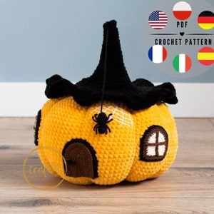 PDF パンプキンハウスかぎ針編みパターン、スペイン語、フランス語、ドイツ語、イタリア語、英語、ポーランド語の PDF、CraftlyPattern