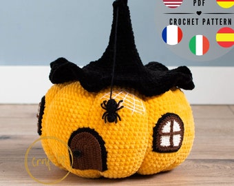 May include: Crochet pattern for a pumpkin-shaped Halloween house with a black witch hat, a spider web, and a spider. The pattern is available in PDF format and includes instructions in English, French, German, Italian, Polish, Spanish, and Portuguese.