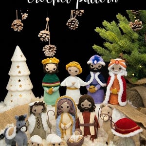 May include: A crochet pattern featuring a nativity scene with handmade yarn figures including a central infant in a manger, Mary, Joseph, three wise figures, an angel, a donkey, and a camel, all displayed with decorative pinecones and a tree.