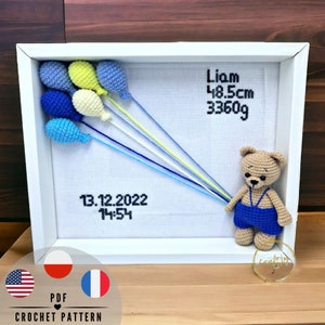PDF Crochet Pattern, Crochet teddy bear, Crochet Frame, Amigurumi Teddy Bear, Baby Room Decor, Personalised Baby Frame, Box Frame