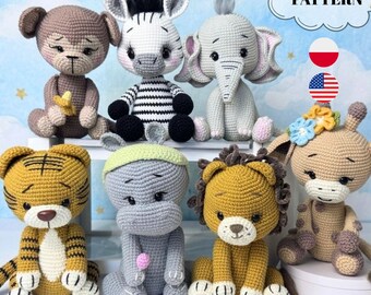 BUNDLE Jungle Crochet Pattern - 7in1 Amigurumi Animals PDF Giraffe, Lion, Hippo, Tiger, Elephant, Zebra, Monkey Crochet Patterns