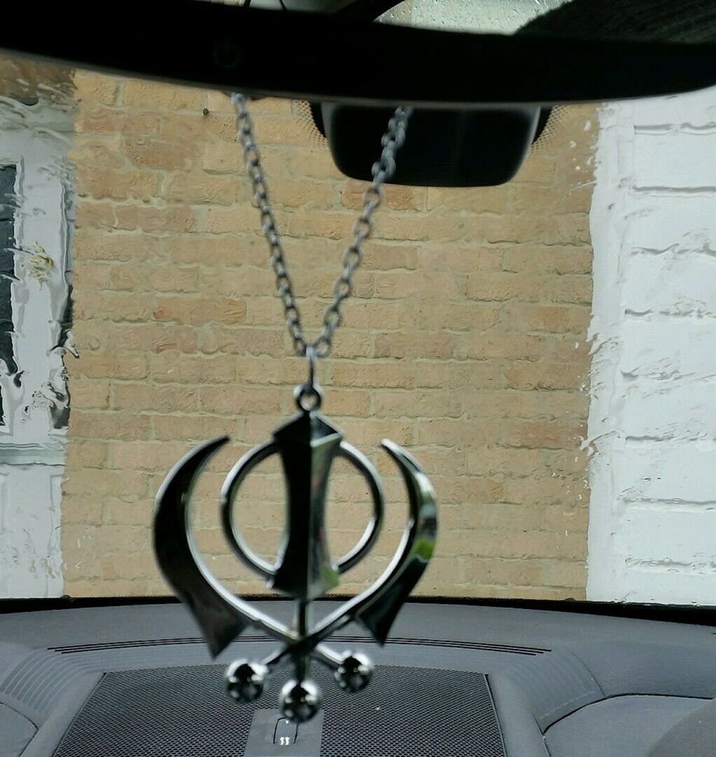 Large Stainless Steel Punjabi Sikh Large Khanda Pendant Car Mirror