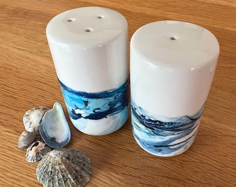 Salt and pepper shaker set, hand painted, inspired by the ocean, ceramic. Painted in Cornwall to bring a splash of the ocean to your table.