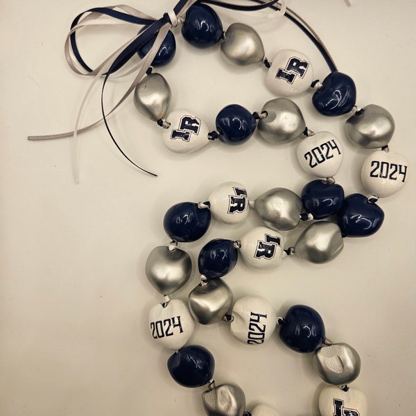Made To Order Custom high school university college graduation class of 2024 navy blue and silver kukui nut lei stole