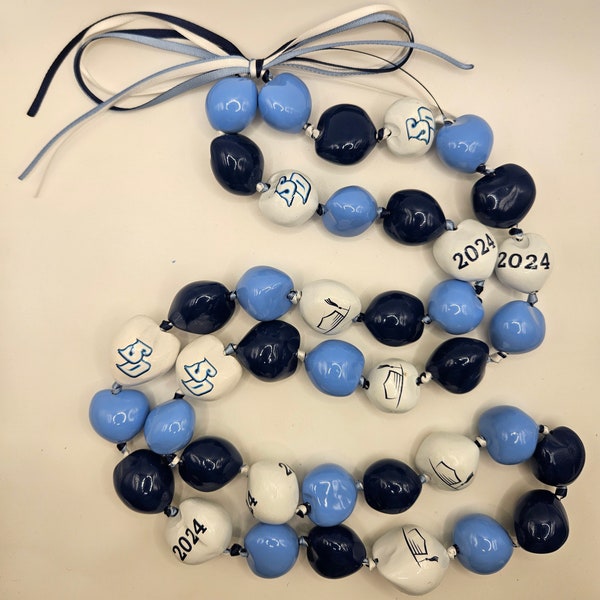 Made To Order Custom University of San Diego college graduation SD class of 2024 blue and white kukui nut lei stole