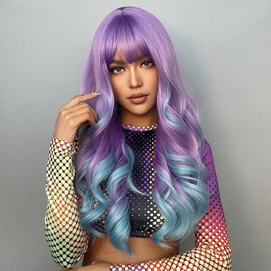 Ombre Unicorn Wig-Synthetic Long Wavy Wig-Ombre Purple-Blue-Rave-Festival-Cosplay Wig-Wig with Bangs-Colorful Wig-EDC-EDM Festival
