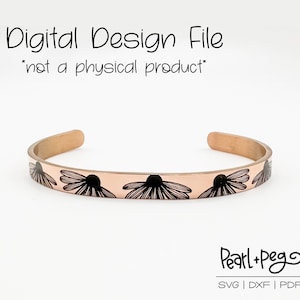 May include: A digital design file for a copper bracelet with a black and white floral pattern. The bracelet is shown on a white background. The text "Pearl+pego" and "SVG | DXF | PDF" is also shown in the image.