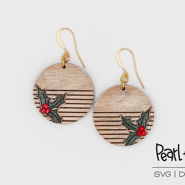 Holly Berry Stripes Laser Engraved Earrings Digital Download