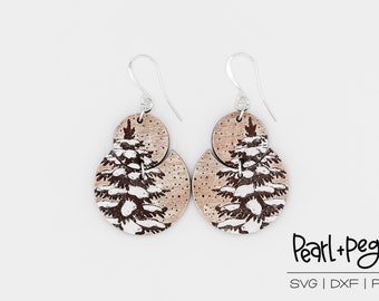 Snowy Christmas Tree 2 Part Laser Engraved Earrings Digital Download