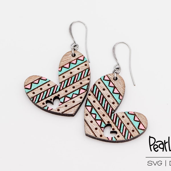 Aztec Mud Cloth Heart Laser Engraved Earrings Digital Download