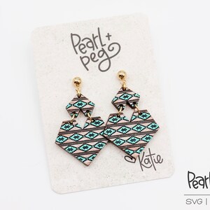 May include: A pair of geometric wooden earrings with a turquoise and brown pattern. The earrings are on a white card with the text "Pearl + Peg" and "SVG | DXF | PDF".