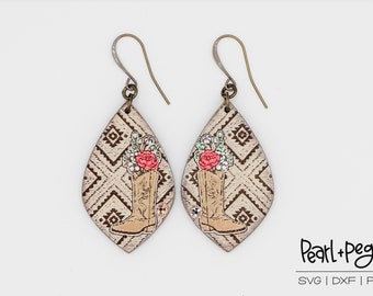 Aztec Grunge Floral Boot Laser Engraved Earrings Digital Download