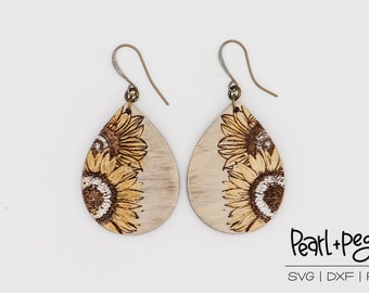Double Sunflower Drop Laser Engraved Earrings Digital Download