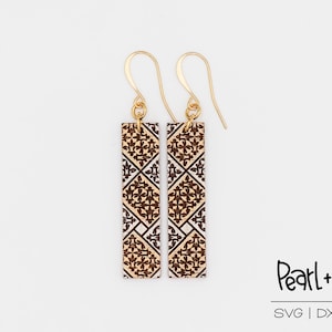 May include: Gold dangle earrings with a rectangular pendant featuring a brown and white geometric pattern. The earrings are on a white background. Pearl + Peg SVG | DXF | PDF