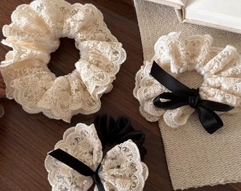 Hair Scrunchie Titular de pelo de gran tamaño Regalo hecho a mano para las mujeres Scrunchy encaje accesorio para el cabello francés Scrunchy XXL novia elástico corbata retro