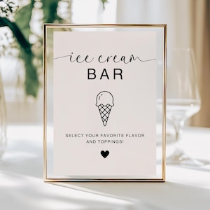 Ice Cream Bar Modern Table Sign | Printable, Editable | Wedding Ice Cream Station Sign  | Ice Cream Sundae | Canva Digital Download | MS01