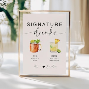 Signe moderne de mariage de boisson de signature | Imprimable Modifiable | Menu cocktail signature de mariage | Lui et elle | Téléchargement numérique Canvas | MS01