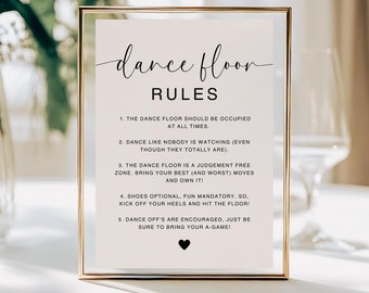Letrero moderno para mesa de boda con reglas de pista de baile / Imprimible, editable / Letrero minimalista divertido para baile de boda / Descarga digital de Canva / MS01