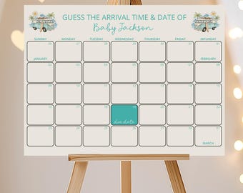 Calendario de baby shower con fecha de parto / Bebé a bordo / Baby shower de autobús, furgoneta, playa, tabla de surf, palmera / Descarga digital de Canva