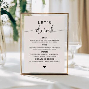 Let&#39;s Drink Modern Wedding Bar Sign | Printable, Editable | Minimalist Bar Sign | Bar Menu | Cocktail Menu | Canva Digital Download | MS01