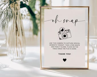 Oh Snap Disposable Camera Modern Wedding Sign | Printable, Editable | Disposable Camera Photo Sign | Canva Digital Download | MS01